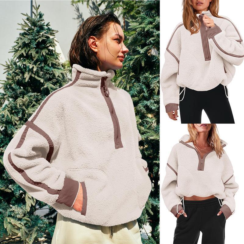Women's Half Zip Sherpa Fleece Pullover β Color Block Oversized Cozy Sweatshirt with Pockets