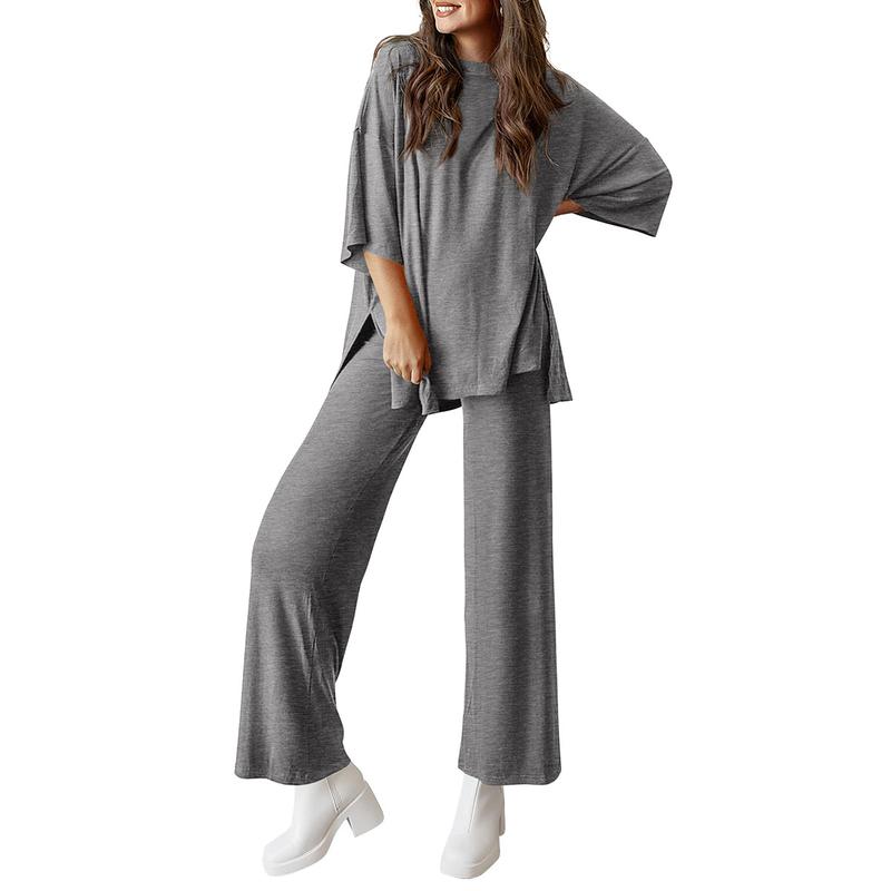 Women’s 2-Piece Lounge Set – Short Sleeve Top & Wide Leg Pants