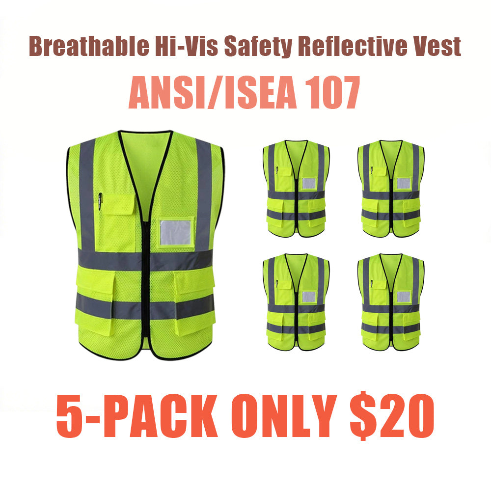Breathable Hi-Vis Mesh Safety Vest with Zipper & Pockets, Meets ANSI/ISEA Standards