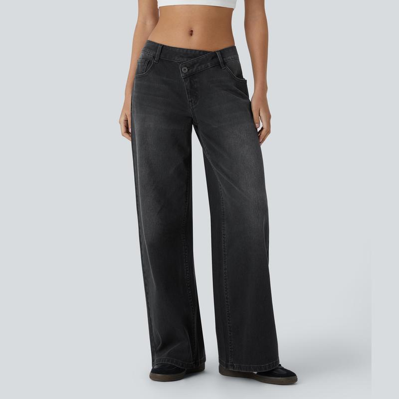 Asymmetric Wide Leg Zipper Pocket Jeans