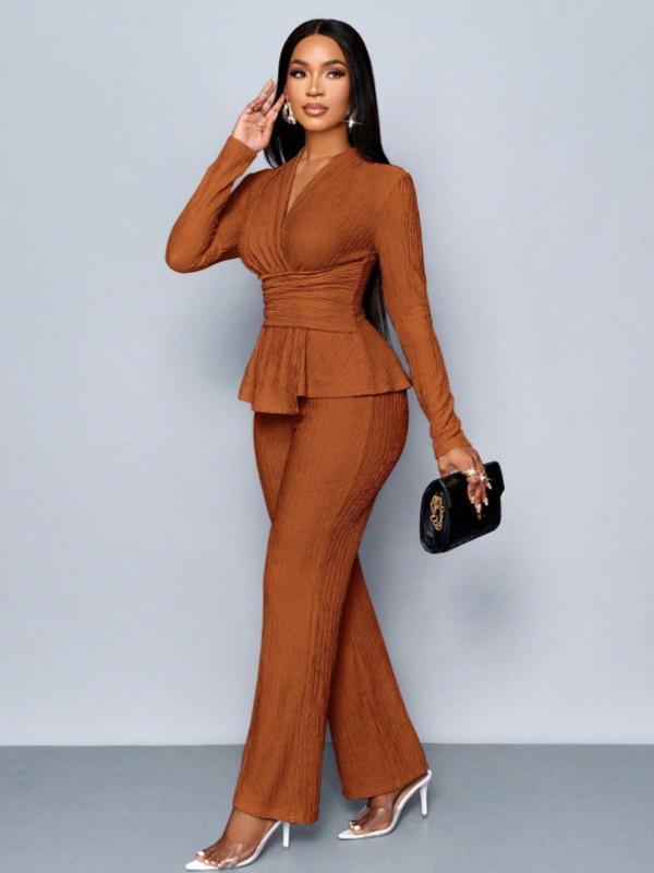 Women’s Elegant Apricot Two-Piece Set – V-Neck Top & Wide Leg Pants